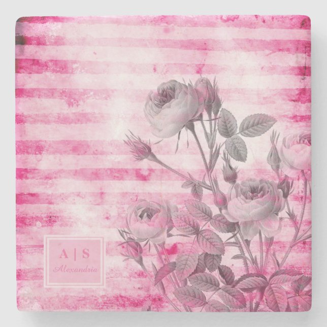 Rose im Hintergrund in Hot Pink | Floral Monogramm Steinuntersetzer (Vorderseite)