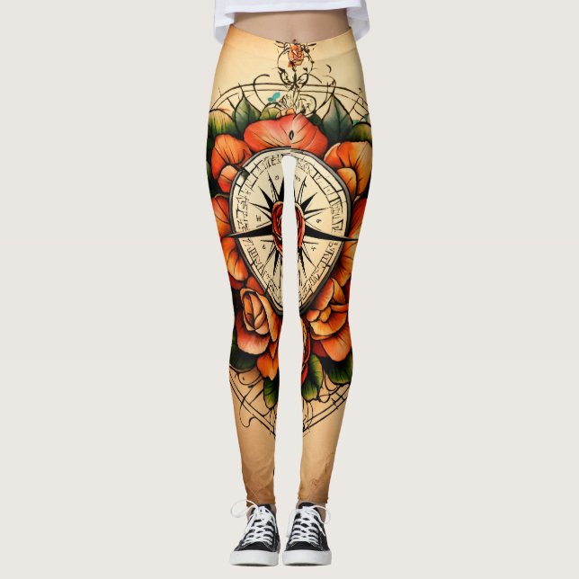 Rose im Tattoo-Stil Leggings (Vorderseite)