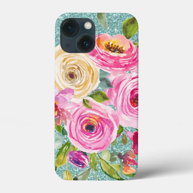 Rose in Aqua-Tal Rosa Creme Glitzer Case-Mate iPhone Hülle (Rückseite)