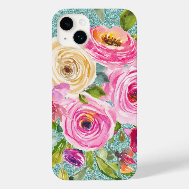 Rose in Aqua-Tal Rosa Creme Glitzer Case-Mate iPhone Hülle (Rückseite)