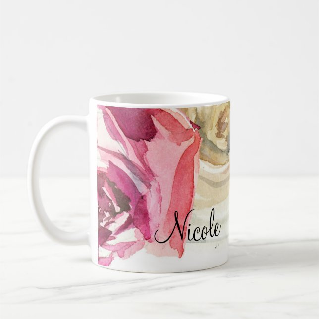 Rose in Aquarellfarben Rosa und Weißer Chic Tasse (Links)