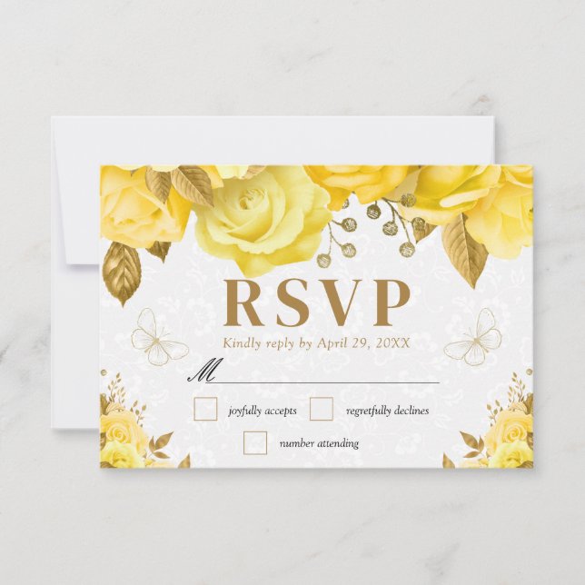 Rose in Gelb und Gold, Hochzeiten RSVP Karte (Vorderseite)