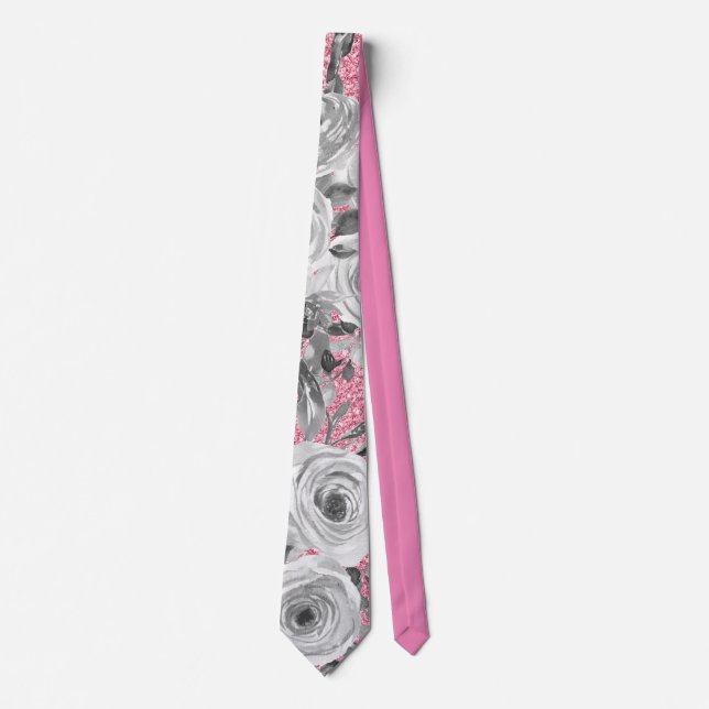 Rose in Grau und Weiß auf Rosa Glitzer Krawatte (Vorderseite)