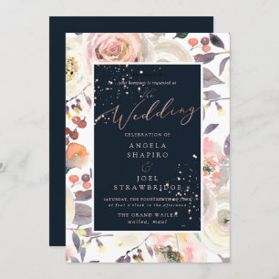 Rose in Pastell-Aquarell, Pfirsichcreme, Navy Blue Einladung