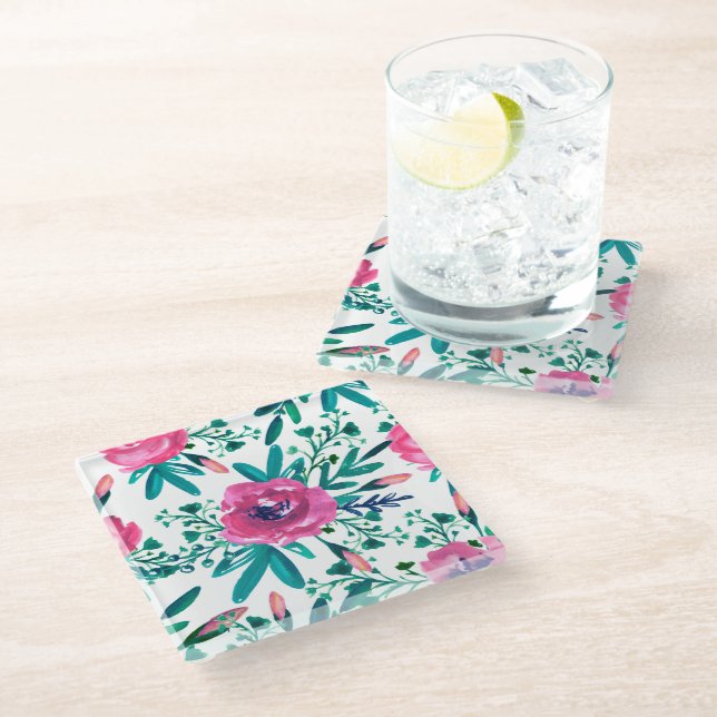 Rose in Rosa Aquarellfarben Glasuntersetzer (Schrägansicht)