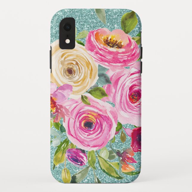 Rose in Rosa und Creme Aqua Glitzer Case-Mate iPhone Hülle (Rückseite)