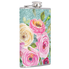 Rose in Rosa und Creme Aqua Glitzer Flachmann