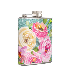 Rose in Rosa und Creme Aqua Glitzer Flachmann