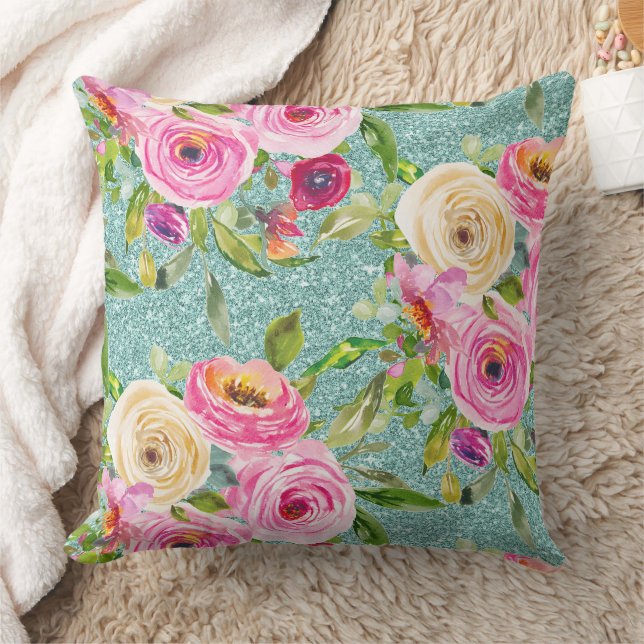 Rose in Rosa und Creme Aqua Glitzer Kissen (Decke)