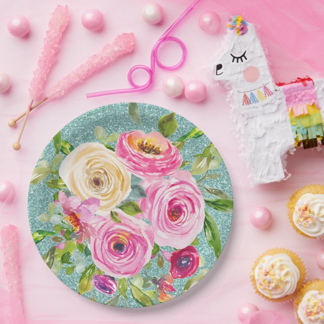 Rose in Rosa und Creme Aqua Glitzer Pappteller (Party)