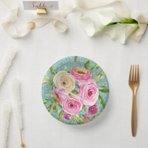 Rose in Rosa und Creme Aqua Glitzer Pappteller