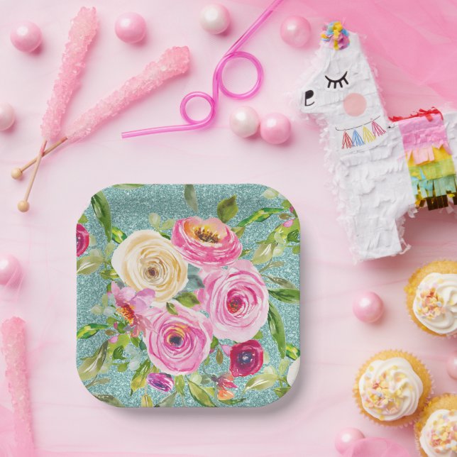 Rose in Rosa und Creme Aqua Glitzer Pappteller (Party)