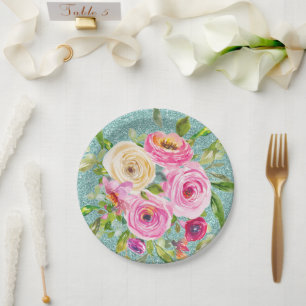 Rose in Rosa und Creme Aqua Glitzer Pappteller