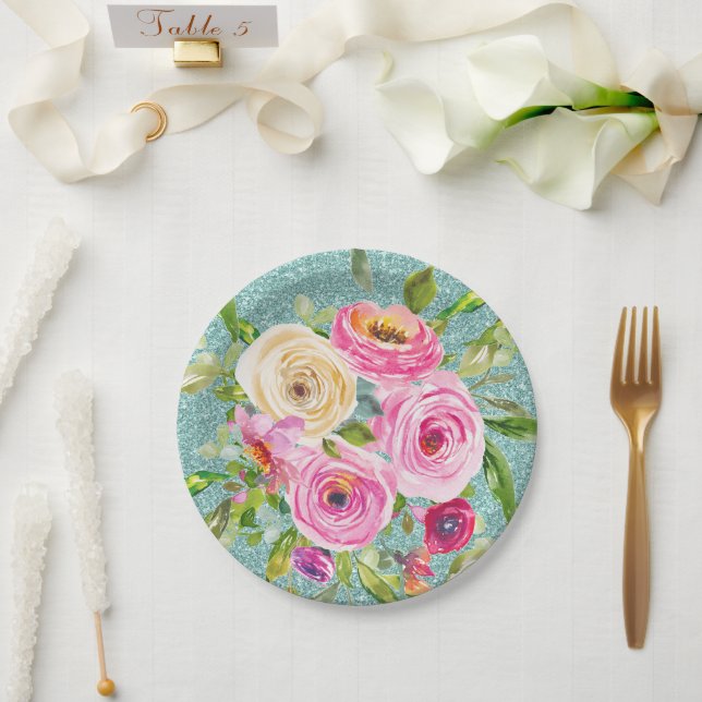 Rose in Rosa und Creme Aqua Glitzer Pappteller (Hochzeit)