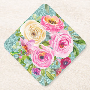 Rose in Rosa und Creme Aqua Glitzer Untersetzer