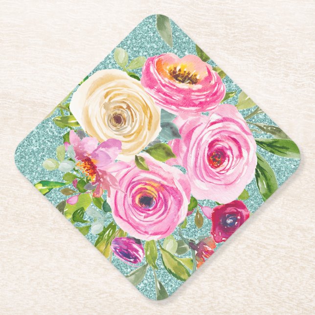 Rose in Rosa und Creme Aqua Glitzer Untersetzer (Vorderseite)
