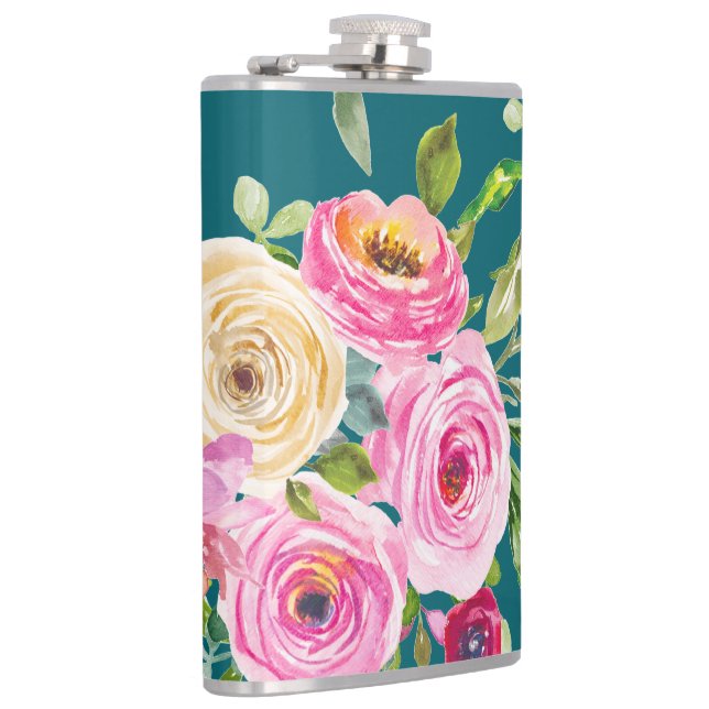 Rose in Rosa und Creme auf Aquamarin Flachmann (Rechts)