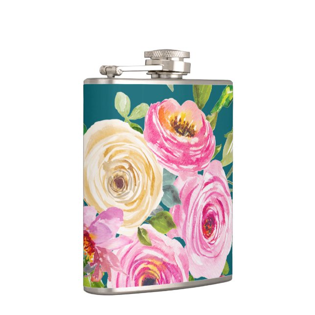 Rose in Rosa und Creme auf Aquamarin Flachmann (Rechts)