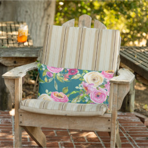 Rose in Rosa und Creme auf Aquamarin Kissen Für Draußen