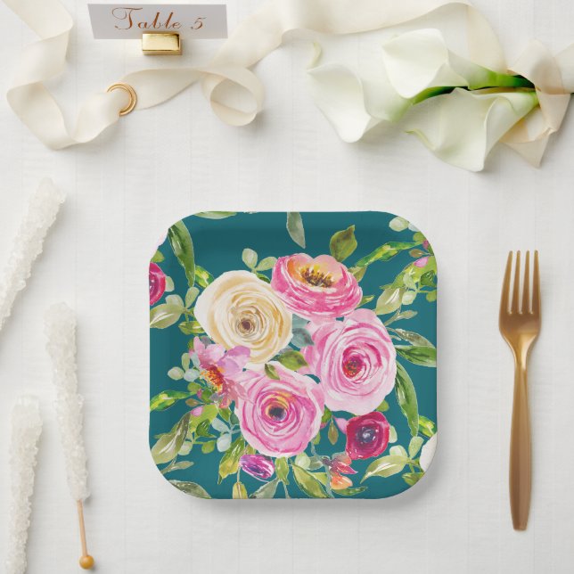 Rose in Rosa und Creme auf Aquamarin Pappteller (Hochzeit)
