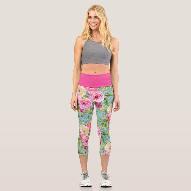 Rose in Rosa und Creme auf dem Aqua-Glitzer Capri Leggings (Vorderseite)