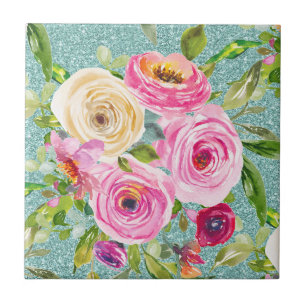 Rose in Rosa und Creme auf dem Aqua-Glitzer Fliese