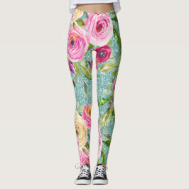 Rose in Rosa und Creme auf dem Aqua-Glitzer Leggings