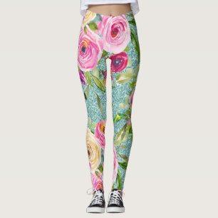 Rose in Rosa und Creme auf dem Aqua-Glitzer Leggings