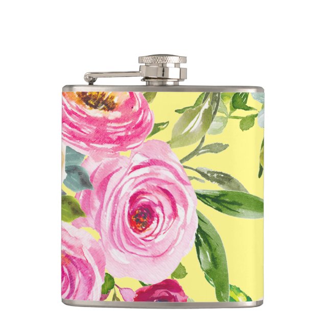 Rose in Rosa und Creme auf Gelb Flachmann (Vorderseite)