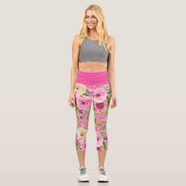 Rose in Rosa und Creme auf rosa Glitzer Capri Leggings