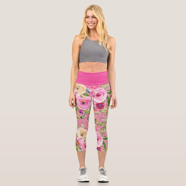 Rose in Rosa und Creme auf rosa Glitzer Capri Leggings (Vorderseite)