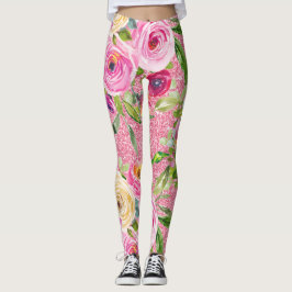 Rose in Rosa und Creme auf rosa Glitzer Leggings