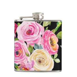 Rose in Rosa und Creme auf Schwarz Flachmann