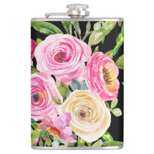 Rose in Rosa und Creme auf Schwarz Flachmann
