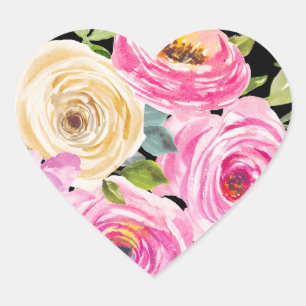 Rose in Rosa und Creme auf Schwarz Herz-Aufkleber
