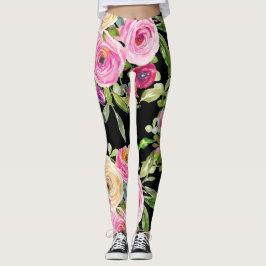 Rose in Rosa und Creme auf Schwarz Leggings