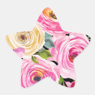 Rose in Rosa und Creme auf Schwarz Stern-Aufkleber