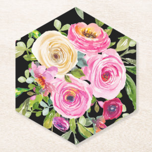 Rose in Rosa und Creme auf Schwarz Untersetzer