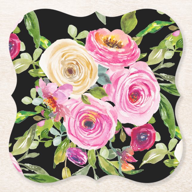 Rose in Rosa und Creme auf Schwarz Untersetzer (Vorderseite)