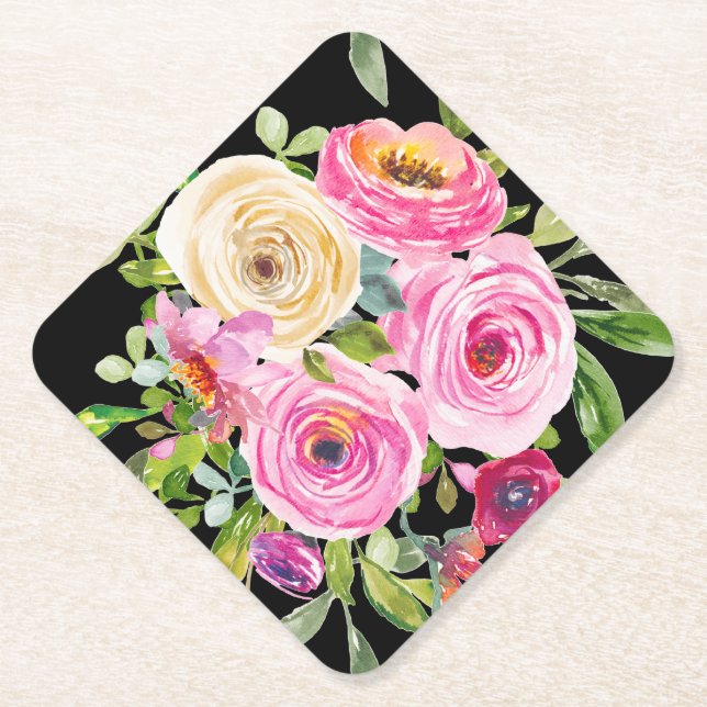 Rose in Rosa und Creme auf Schwarz Untersetzer (Vorderseite)