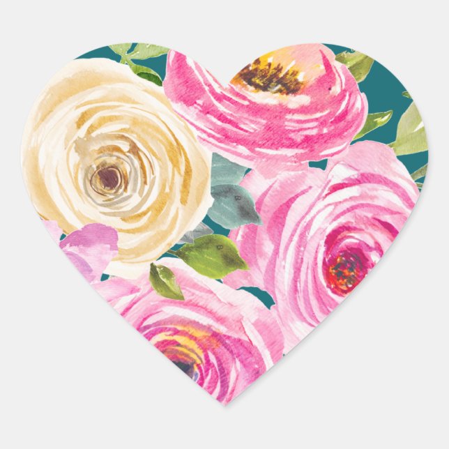 Rose in Rosa und Creme in Aquamarin Herz-Aufkleber (Vorderseite)