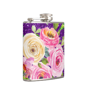 Rose in Rosa und Creme, Lila Glitzer Flachmann