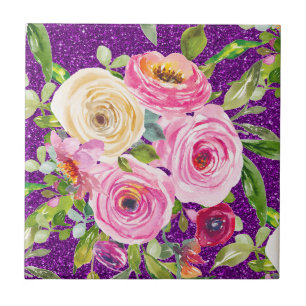 Rose in Rosa und Creme, Lila Glitzer Fliese
