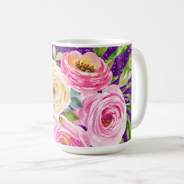 Rose in Rosa und Creme, Lila Glitzer Kaffeetasse (VorderseiteRechts)