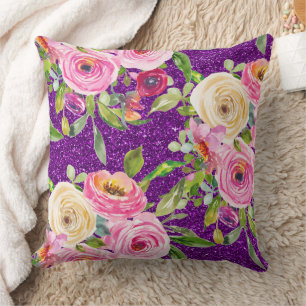 Rose in Rosa und Creme, Lila Glitzer Kissen