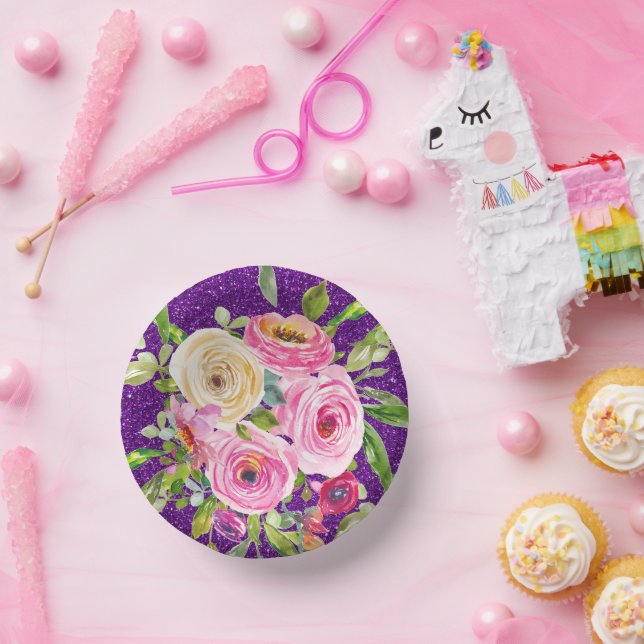 Rose in Rosa und Creme, Lila Glitzer Pappteller (Party)