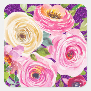 Rose in Rosa und Creme, Lila Glitzer Quadratischer Aufkleber