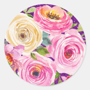 Rose in Rosa und Creme, Lila Glitzer Runder Aufkleber