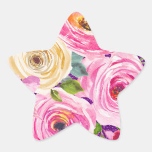 Rose in Rosa und Creme, Lila Glitzer Stern-Aufkleber