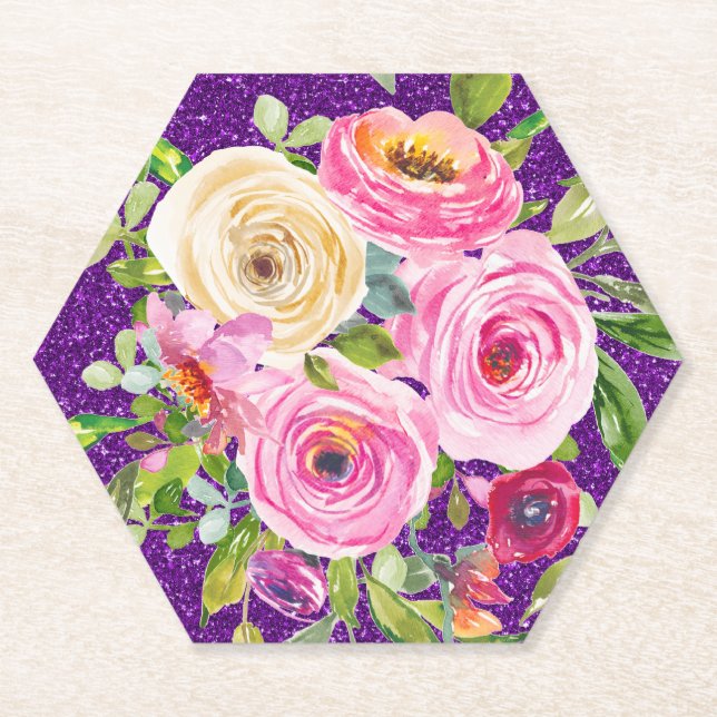 Rose in Rosa und Creme, Lila Glitzer Untersetzer (Vorderseite)